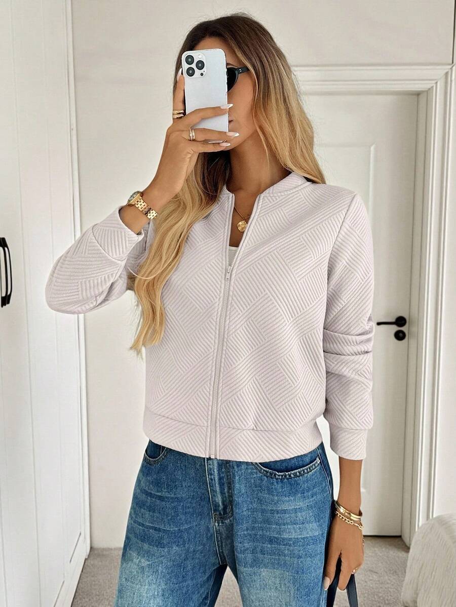 SHEIN LUNE Fashionable Casual Jacquard Knitted Khaki Jacket, Suitable For Commuting In Fall/Winter - Khaki - View 1