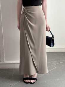 DAZY Women's Solid Color Metal Decor Elegant Office Skirt Summer - Khaki - View 5