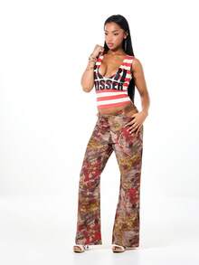 SUMWON WOMEN 女士高腰喇叭抽象图案镂空腰部细节印花牛仔裤复古时尚喇叭裤 - 彩色 - 查看 5