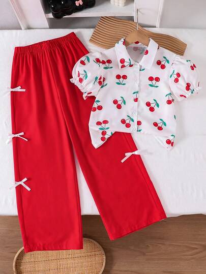 SHEIN 2件套女童彩色蝴蝶结泡泡袖白衬衫+紫色宽松阔腿裤，休闲日常及度假穿着，夏季