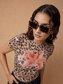SHEIN EZwear 女士夏季短袖保暖花卉网眼T恤 - 彩色 - 查看 2