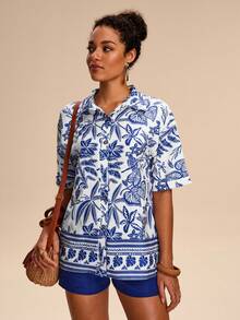 Eryvara Camisa suelta estampada y pantalones cortos elásticos con cordón de unicolor para mujer - Azul - Ver 1