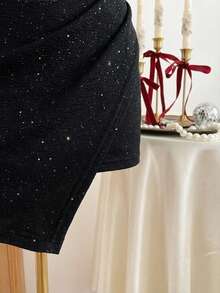 Franclia Luxury And Sexy, Sophisticated Women's Dress With Heavy Sequins, High-End Elegance, Halter Neck Laces, Decorative Buckle, Irregular Hem, And Pleats; Suitable For Spring/Summer, Parties, Vacations, Valentine's Day, And More; Also A Sexy Sleeveless Dress. - Black - View 5
