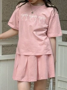 Dazy Kids 少女蝴蝶结印花圆领短袖T恤搭配抽绳腰迷你裙休闲套装（夏季款） - 粉色 - 查看 6