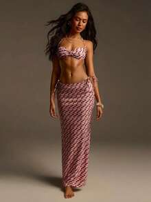 Athîral 女士休闲度假粉色印花罩衫半身裙，鱼尾半裙，适合女士休闲穿着，海滩休闲，春假，春季女士，夏季假期，沙滩装，夏季假期，女士度假 - 彩色 - 查看 3