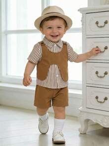 3pcs Baby Boy Outfit Set:Brown And White Polka Dot,Striped Shirt,Khaki Shorts,Suspender Pants,Bow Tie,Summer,Casual,Vacation,Preppy Style Birthday - Multicolor - View 4