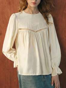 Maija Women's Apricot Lace Patchwork Round Neck Blouse, Autumn - Apricot - View 1