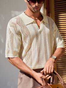 Manfinity RSRT 男士夏季度假纯色短袖镂空针织上衣 男士度假休闲宽松衬衫 男士衬衫套装 男士亚麻服装 - 杏色 - 查看 3