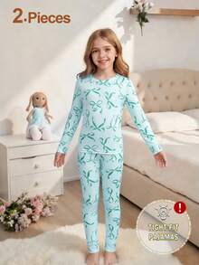 Tween Girl Butterfly Print Leggings And Long Sleeve Top Pajama Set - Mint Blue - View 1