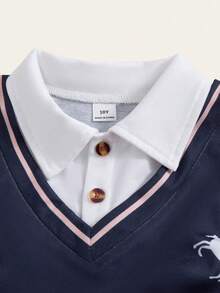 SHEIN Explorewe 两件套男童海军蓝 Polo 领刺绣条纹学院风上衣和卡其色直筒裤套装，适合日常、复古校园风、运动街头风、返校季、春秋季穿着。 - 卡其色 - 查看 6