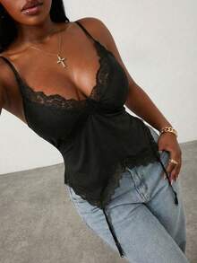 Radiana Plus Size Sexy Solid Color Lace Trim Camisole - Black - View 4