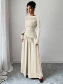 Elenzga Abito lungo a maniche lunghe in maglia di seta di latte, con spalle scoperte, plissettatura frontale in vita, linea ad A, stile elegante romantico francese, adatto per ufficio, pendolarismo, streetwear, autunno/inverno - Albicocca - Visualizzare 4