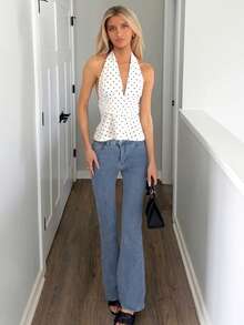 Sydney Algeri Women's Halter Deep V-Neck Ruched A-Line Backless Polka Dot Camisole - White - View 6