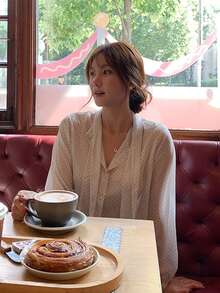 DAZY Áo kiểu nữ dáng rộng, cổ buộc dây, phối màu chấm bi, tay dài, thích hợp cho mùa hè. - trắng - Xem 3