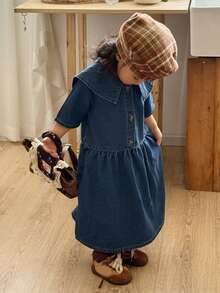 DAZY Áo thun ngắn tay cổ bẻ kiểu Hàn Quốc cho bé gái, chất liệu denim mài, dễ thương, thích hợp mặc mùa hè. - Màu xanh lam - Xem 2