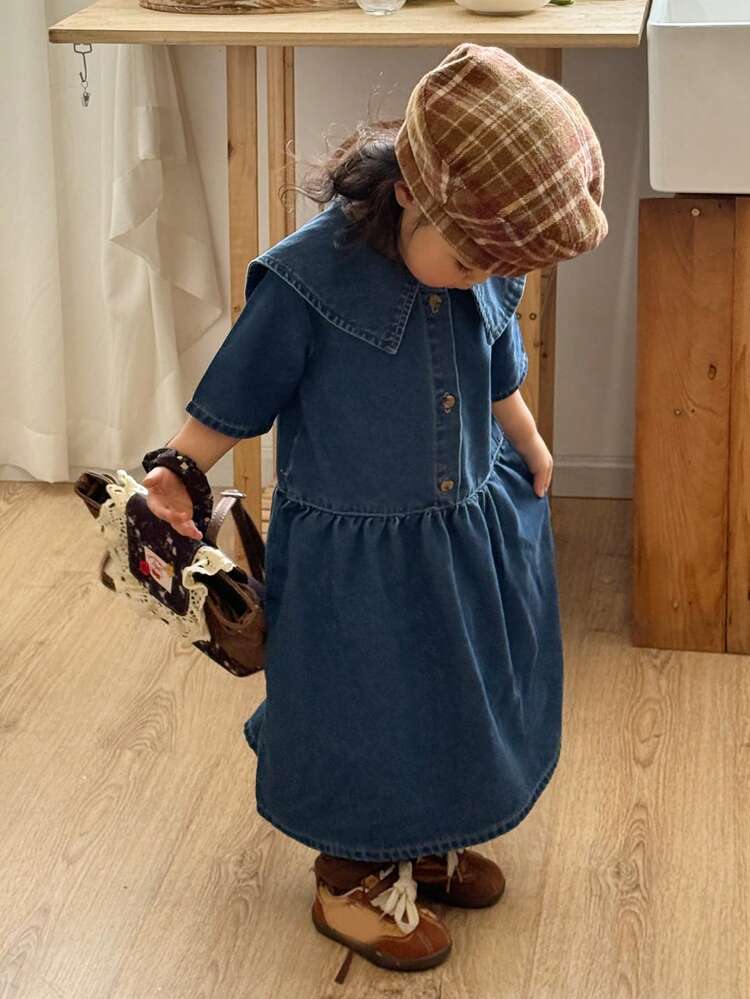 Baby Girls' Turndown Collar Korean Style Washed Cute Short Sleeve Denim Summer