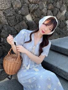 DAZY 女士条纹短泡泡袖流苏前系带上衣和半裙休闲两件套 - 藍色 - 查看 9