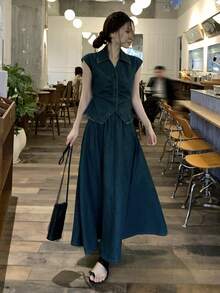 DAZY Women's Collared Sleeveless Blouse & Loose Denim Skirt 2-Piece Set - Blue - View 2