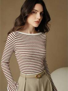 Anewsta Women's Spring/Summer Knit Sweater, French Elegant Elegant Versatile Bodycon Off-Shoulder Striped Flare Sleeve Knit Top - Coffee Brown - View 7