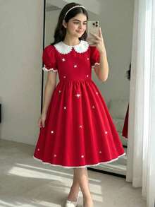 1pc Girls' Solid Red Lace Trim Collar Puff Sleeve Princess Dress With Extra-Large Skirt Hem, A-Line Silhouette, Sweet & Cute Fashion Dress Suitable For Parties And Gatherings - Red - View 4