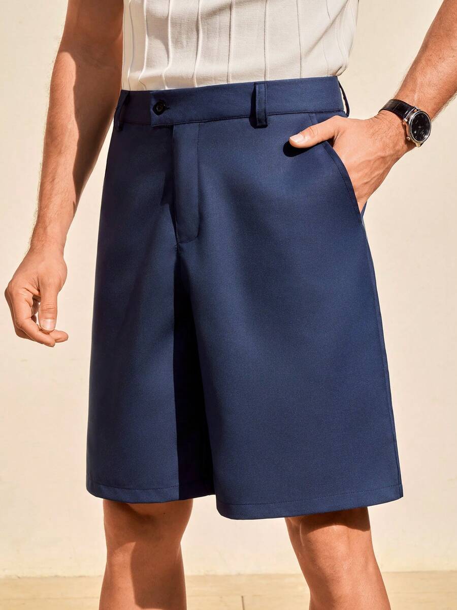 Manfinity Homme 男士纯色腰部纽扣设计口袋阔腿短裤百慕大短裤男士海军蓝短裤男士正装短裤男士高尔夫短裤男士深蓝色短裤 - 藍色 - 查看 1