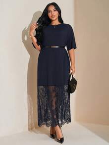 SHEIN Tall CURVE 大码纯色宽松休闲短袖T恤蕾丝连衣裙，时尚百搭，适合外出和通勤。 - 寶藍色 - 查看 4