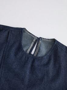 GlowEve Women's Round Neck Long Sleeve Casual Knotted Waist Denim Blouse - Blue - View 6