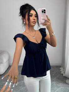 Rafferiza Women's Elegant Fashionable Sleeveless Top With Flare Sleeves, Chest Cup, Drawstring, Ruched, Bow Design, Suitable For Spring/Summer Vacation - Navy Blue - View 6