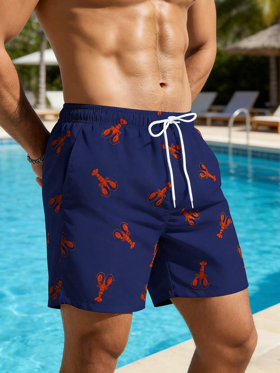 Manfinity Swimmode 男士夏季海滩度假风全身龙虾印花抽绳腰带斜插口袋宽松沙滩短裤龙虾印花泳裤海军蓝泳裤男士泳装 - 藏蓝色 - 查看 1