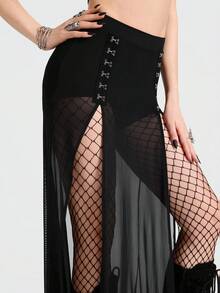 Breakform 女士性感哥特风纯色网纱针织超短裤，侧边贴片装饰，金属钩扣，松紧腰高腰修身高开衩裙 - 黑色 - 查看 7