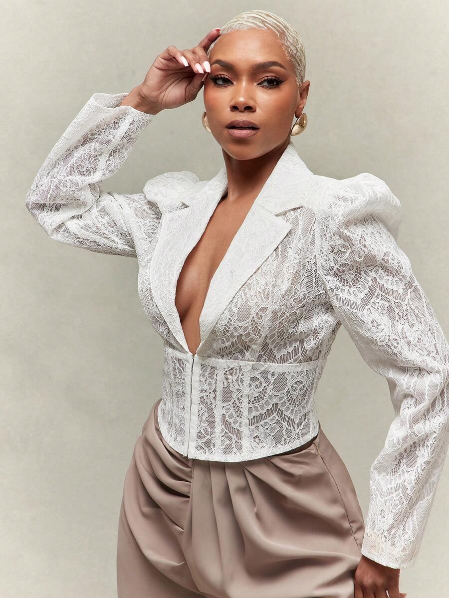 Vixey 缺角领薄纱白色蕾丝收腰开衩下摆泡泡袖西装外套 - 白色 - 查看 1