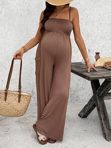 SHEIN Summer Outfits Coffee Brown Halter-Neck Ham Jumpsuit For Pregnant Women, Made Of High-Elastic Knit Fabric.  Maternity Solid Color Pleated Casual Jumpsuit, Suitable For Daily, Vacation, Travel - Brown - View 6