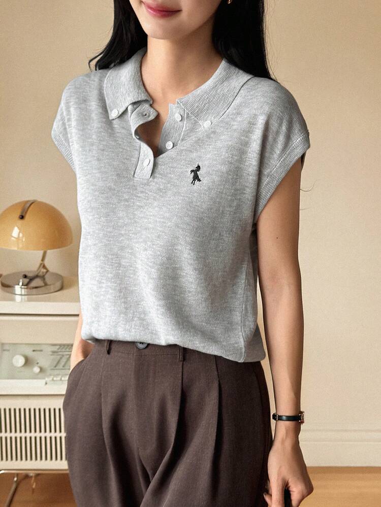 Women's Collared Short Sleeve Knit Top With Scarf Patchwork, Casual City Style Summer