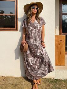 Vivie Lora Women's V-Neck Loose Brown Floral Print Dress Summer Sundress Boho Vacation Outfits Women - Brown - View 5