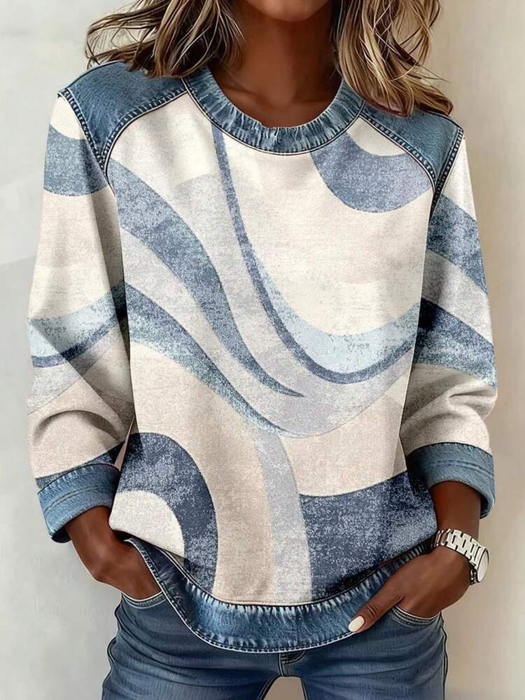 EMERY ROSE Camiseta de Manga Longa com Gola Redonda e Estampa Colorblock Casual, Primavera/Outono - Multicolorido - Visão 1