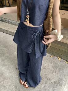 DAZY 女士圆领短款牛仔背心和裹身式长裙牛仔套装，时尚度假风 - 深色水洗藍 - 查看 2