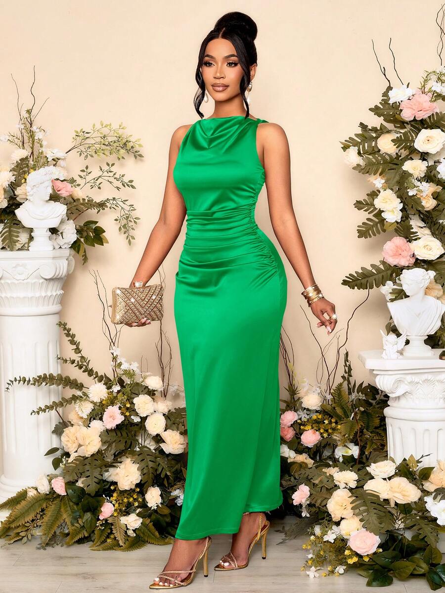 SOLERSUN Women's Elegant Solid Color Drape Neck Ruched Sleeveless Party Dress,Perfect For Banquets