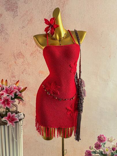 Elamini Women's Red Knit Dress, Sexy Floral Spaghetti Strap Dress, Beach Resort Style For Summer