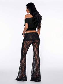 SHEIN ICON 蕾丝透视裹身系带设计超低腰喇叭裤 - 黑色 - 查看 2