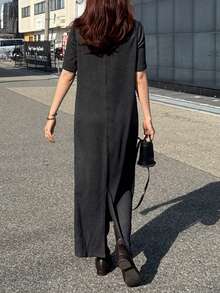 FRIFUL 女士圆领短袖露肩纹理直筒休闲连衣裙 - 黑色 - 查看 3