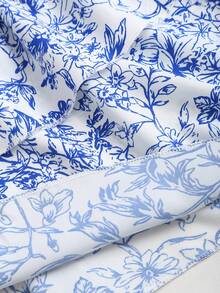 Olithes Women's Elegant Casual Minimalist Square Neck Puff Sleeve Cinched Waist Short Printed Vacation Dress, Summer - Blue and White - View 3