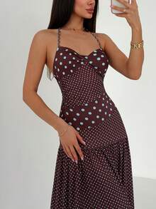 Aloruh 女士复古波点露背系带长连衣裙，裙摆呈喇叭形 - 棕色 - 查看 7