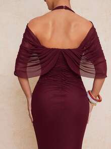 Lumalex 春夏款简约复古闪亮假日派对网纱V领褶皱装饰修身露肩连衣裙，适合女性，婚礼宾客礼服 - 酒紅色 - 查看 7