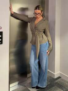 Bethéva Women's Metal Decoration Brown Gray Imitation Linen Waist Suit Jacket/Fall Women Clothes/Fall Outfits Women /Fall Outfits/Back To School/Homecoming/Business Casual Woman /Old Money Style Women/Office Outfits For Women/Going Out Outfits,Fall Clothes For Women - Mocha Brown - View 6