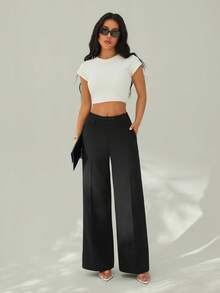 SHEIN PETITE Elegant Contrast Lace Dress Pants, Suitable For Spring/Summer - Black - View 7