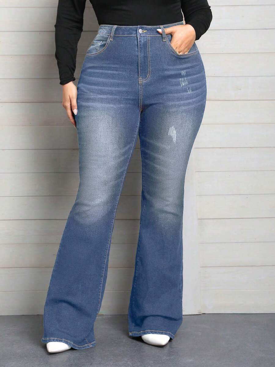 EMERY ROSE Plus Size Elegant Slimming Flare Leg Jeans - Medium Wash - View 1