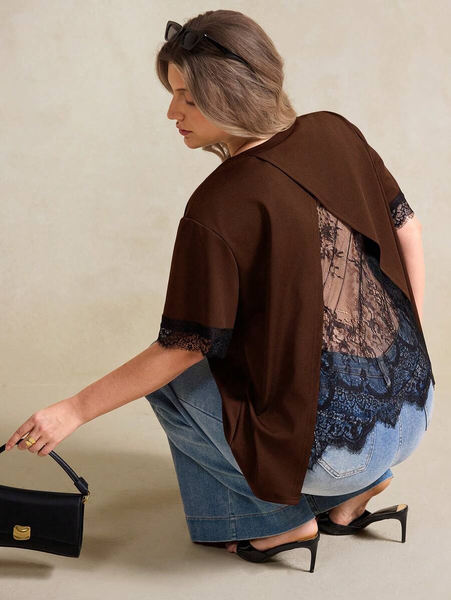 Elegantrix Plus Size Women's A-Line Contrast Lace Casual T-Shirt, Spring/Summer - Brown - View 1