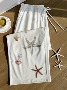 Comfortcana Plus Size Starfish Print Casual Drawstring Pants, Spring/Summer White Beach Pants - White - View 6