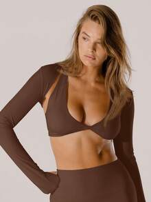 Aralina Leisurewear Crop Active Shrug With Thumb Detail And Bag - Brown - View 7