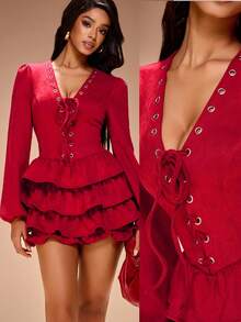 Radiana Vestido Curto Elegante e Sexy de Camurça Vermelha com Babados em Camadas, Vestido Justo de Malha em Tecido de Camurça, Adequado para Encontros, Reuniões, Aniversários, Festas, Natal, Réveillon, Boates, Festivais de Música, Feriados - Vermelho - Visão 6